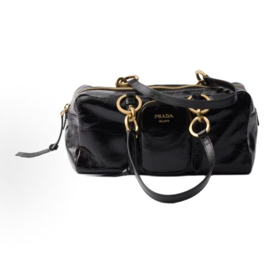 PRADA Dangle brand logo zipper opening single-shoulder handbag, medium size for women, black